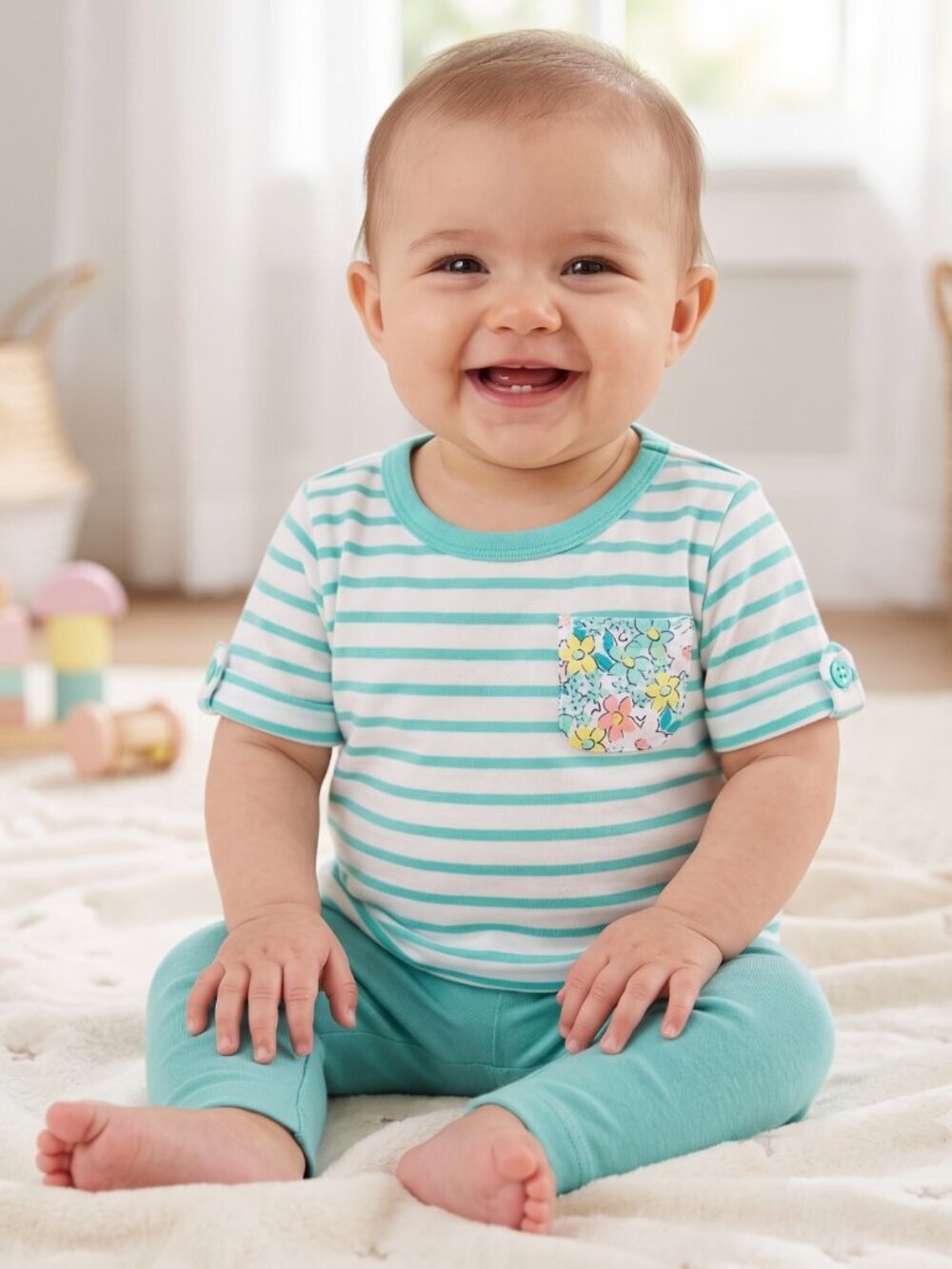 NWT Carter's Baby Girl Mint Green White Striped Floral Pocket Tee Shirt 6 Months